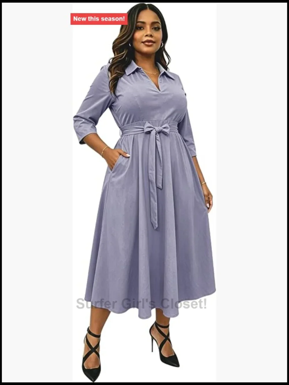 Women's Modest Midi Dress with Pockets - A-Line V-Neck 3/4 Sleeve